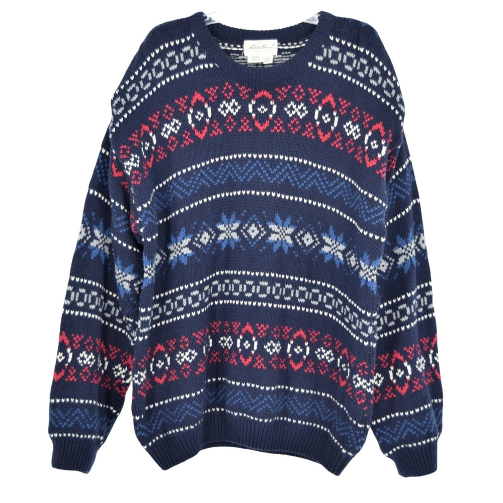 Vintage Eddie Bauer Fair Isle Nordic Sweater Men's XLT Cotton Knit Snowflake USA